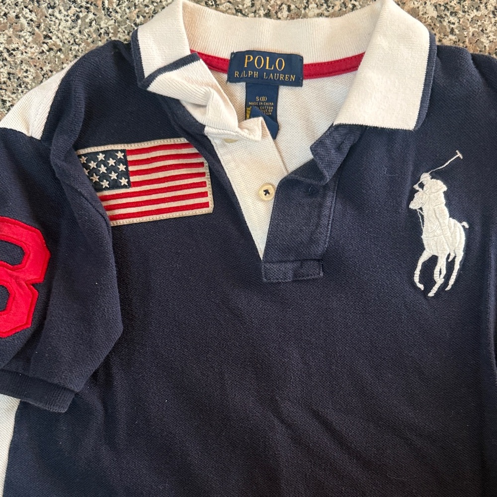 Polo USA by Ralph Lauren Navy and White Polo with Flag and Logo Number 3 Sleeve